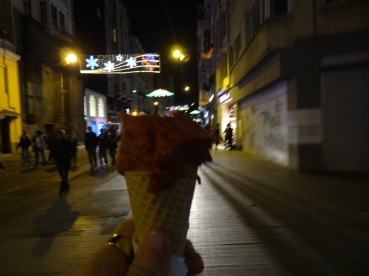 Rasberry Icecream with night lights in Istanbul Turkey